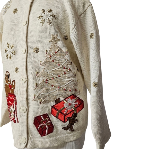 Winter Wonderland Vintage Embroidered Knit Cardigan in Cream and Red Size Med - Picture 10 of 12